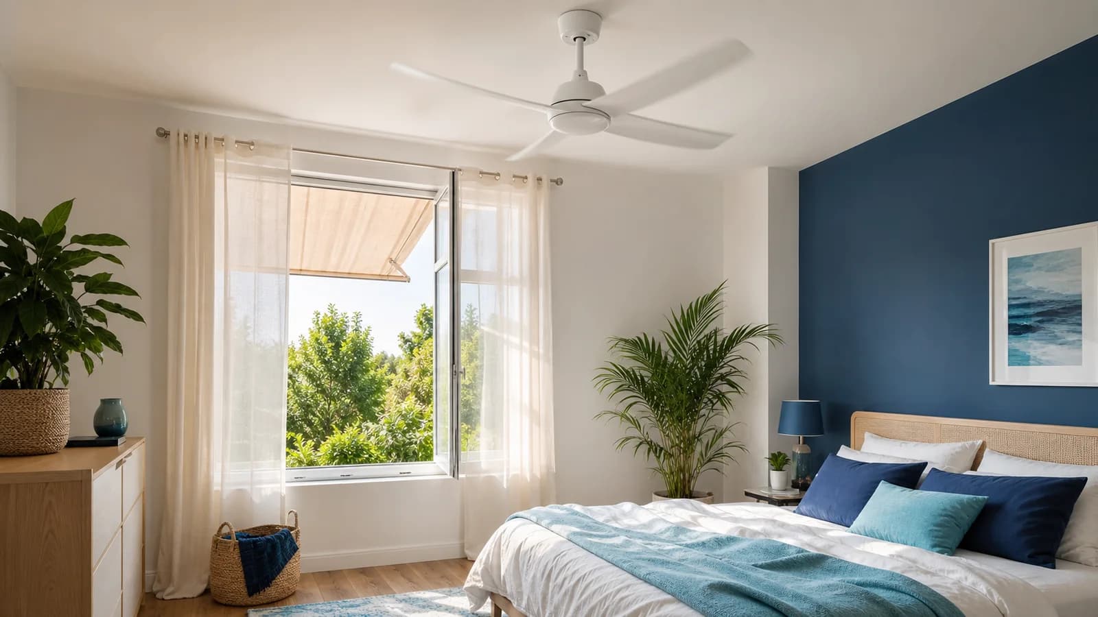 Chambre d'été avec brasseur d'air au plafond, fenêtre ombragée et ambiance fraîche