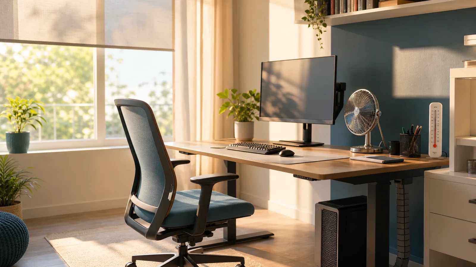 Bureau trop chaud avec ordinateur fixe, ventilateur et thermomètre pendant une forte chaleur