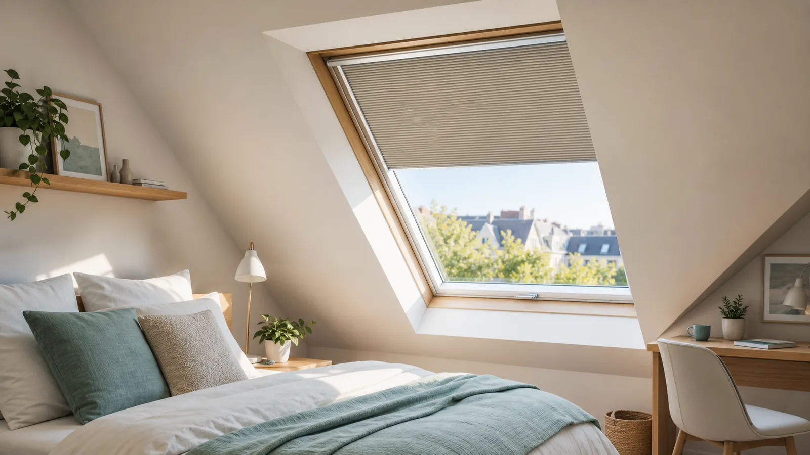 Chambre sous combles avec fenêtre de toit équipée d'une protection solaire anti-chaleur