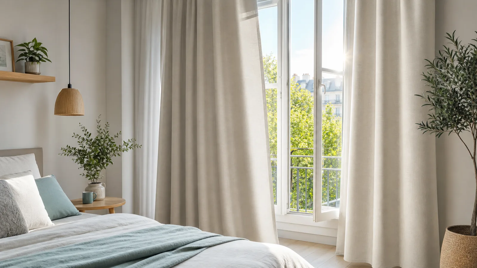 Chambre lumineuse avec rideaux thermiques clairs devant une fenêtre en plein soleil d'été