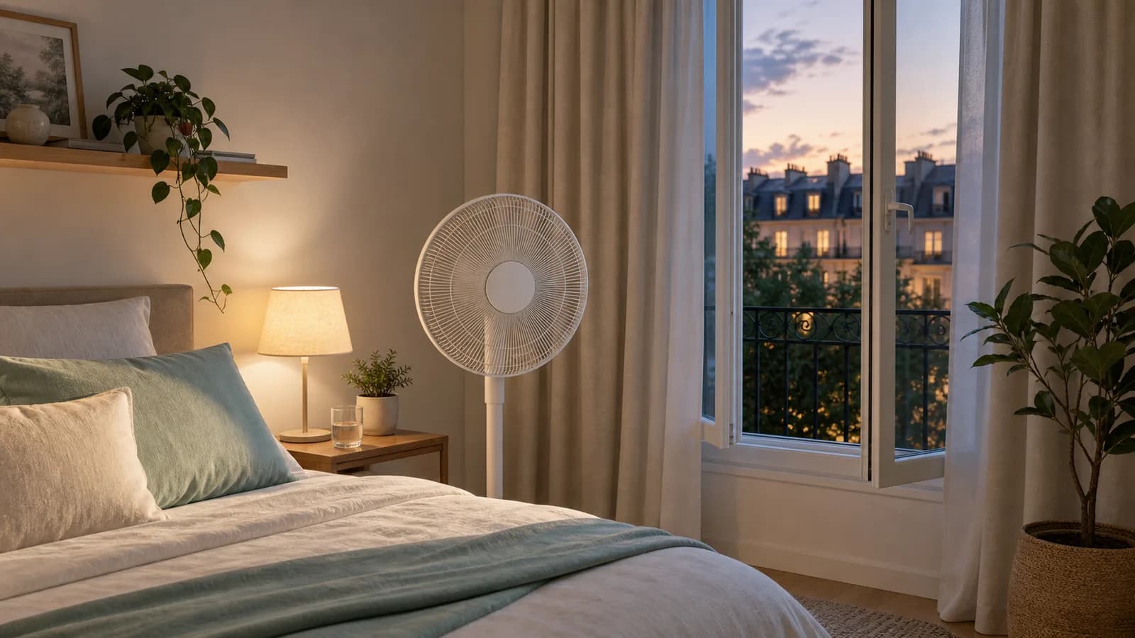 Chambre en été avec ventilateur silencieux pour mieux dormir pendant une nuit de canicule