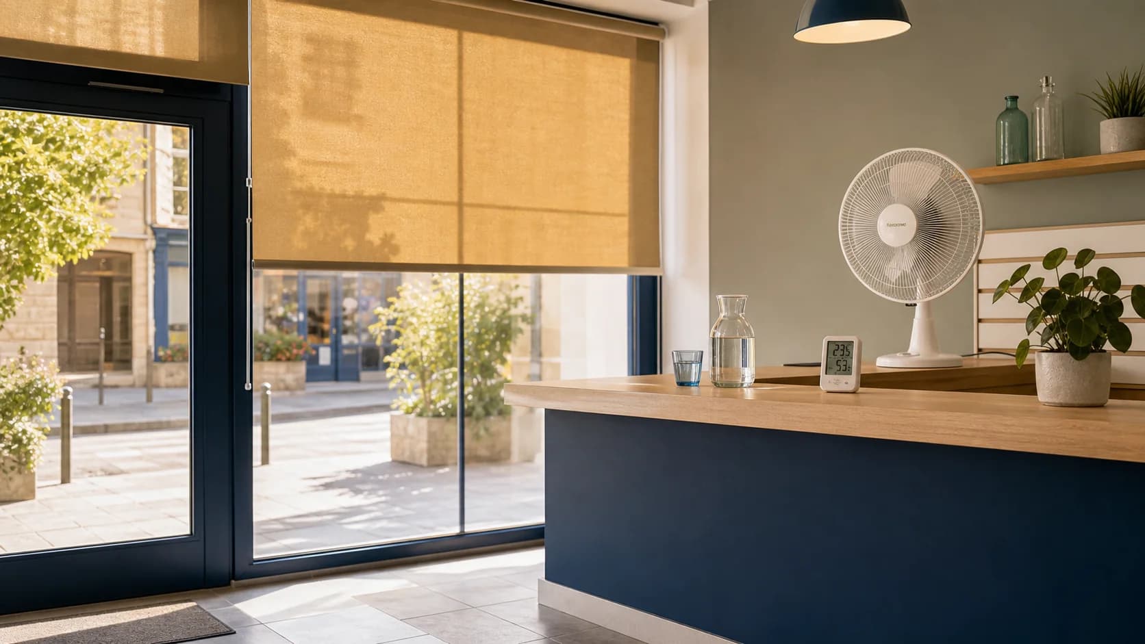 Accueil de commerce en été avec store baissé, eau, ventilateur et thermomètre