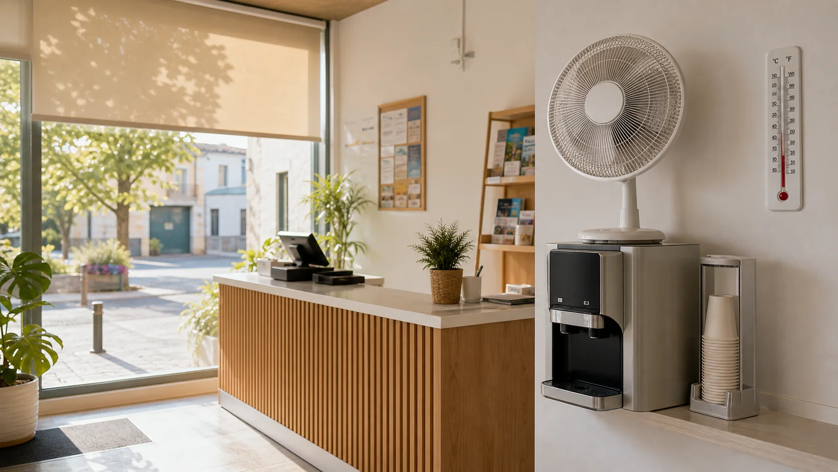 Accueil de commerce en été avec store baissé, distributeur d'eau, gobelets, ventilateur et thermomètre