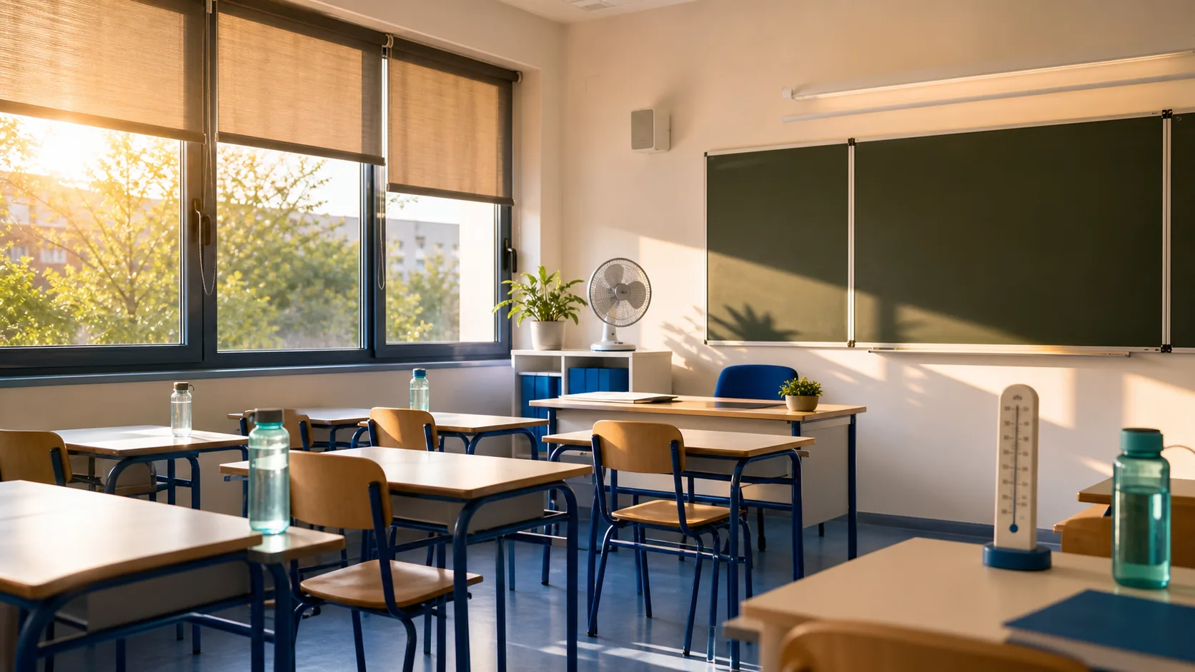 Salle de classe vide en été avec stores baissés, gourdes, ventilateur et thermomètre
