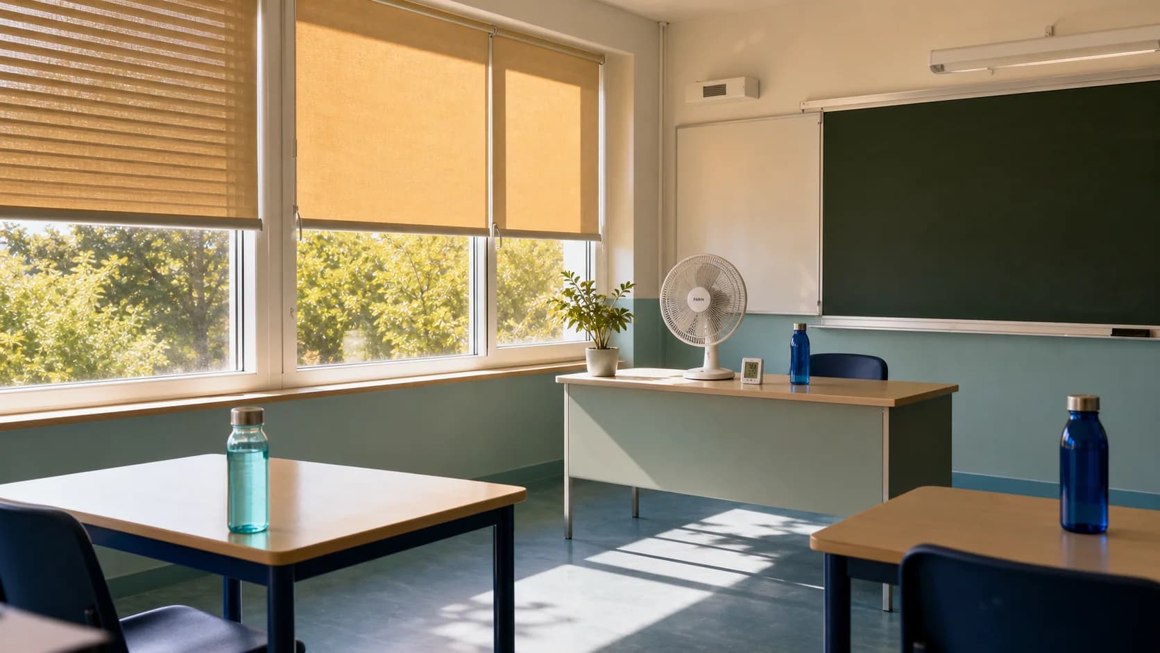 Salle de classe vide en été avec stores baissés, gourdes, ventilateur et thermomètre