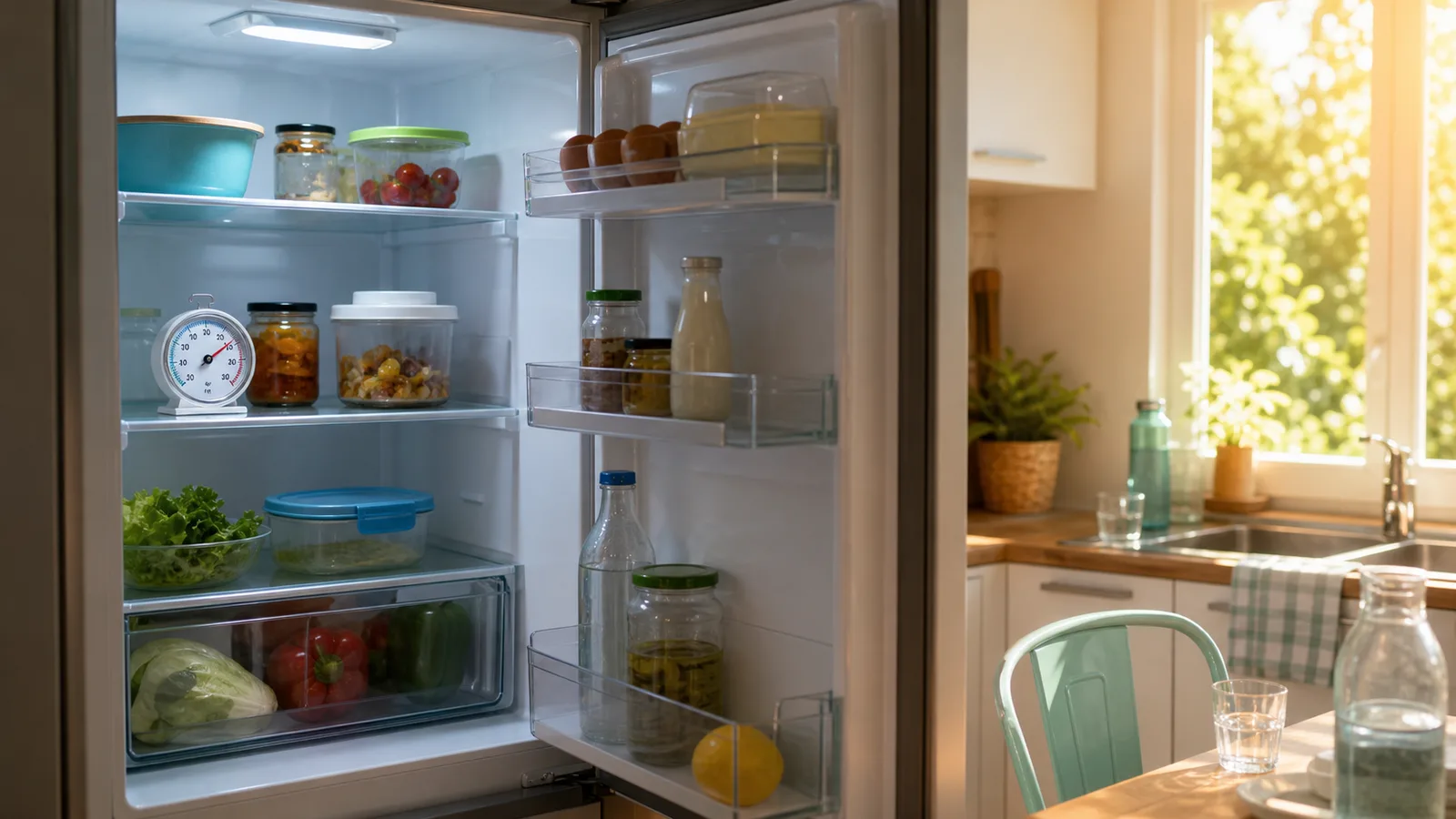Réfrigérateur ouvert avec thermomètre intérieur dans une cuisine chaude pendant une canicule