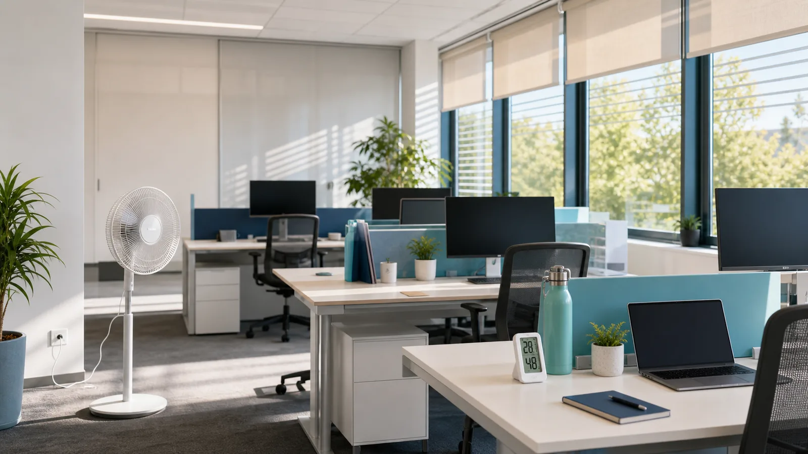 Open space préparé pour une forte chaleur avec stores baissés, ventilateur, thermomètre et gourde sur un bureau