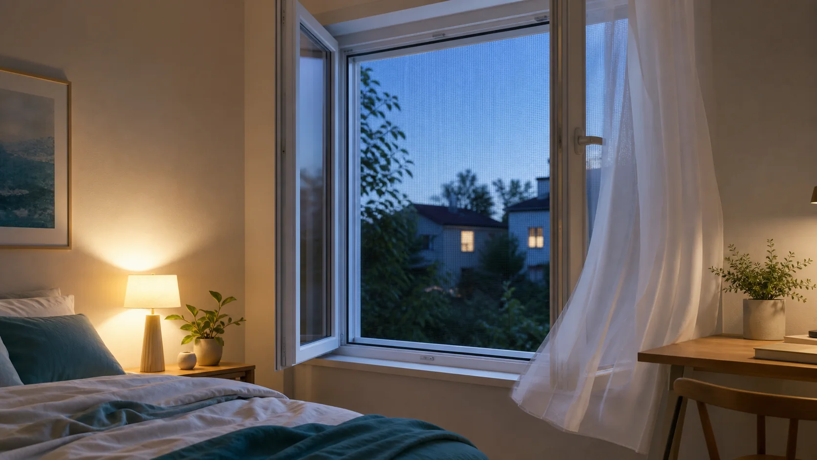 Fenêtre ouverte avec moustiquaire pour ventiler une chambre en été pendant la nuit
