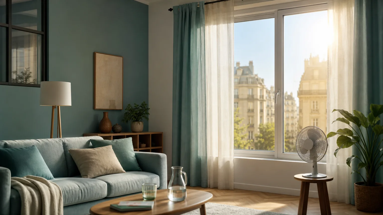 Pièce de vie fraîche avec rideaux anti-chaleur, fenêtre ensoleillée et ventilateur d'appoint