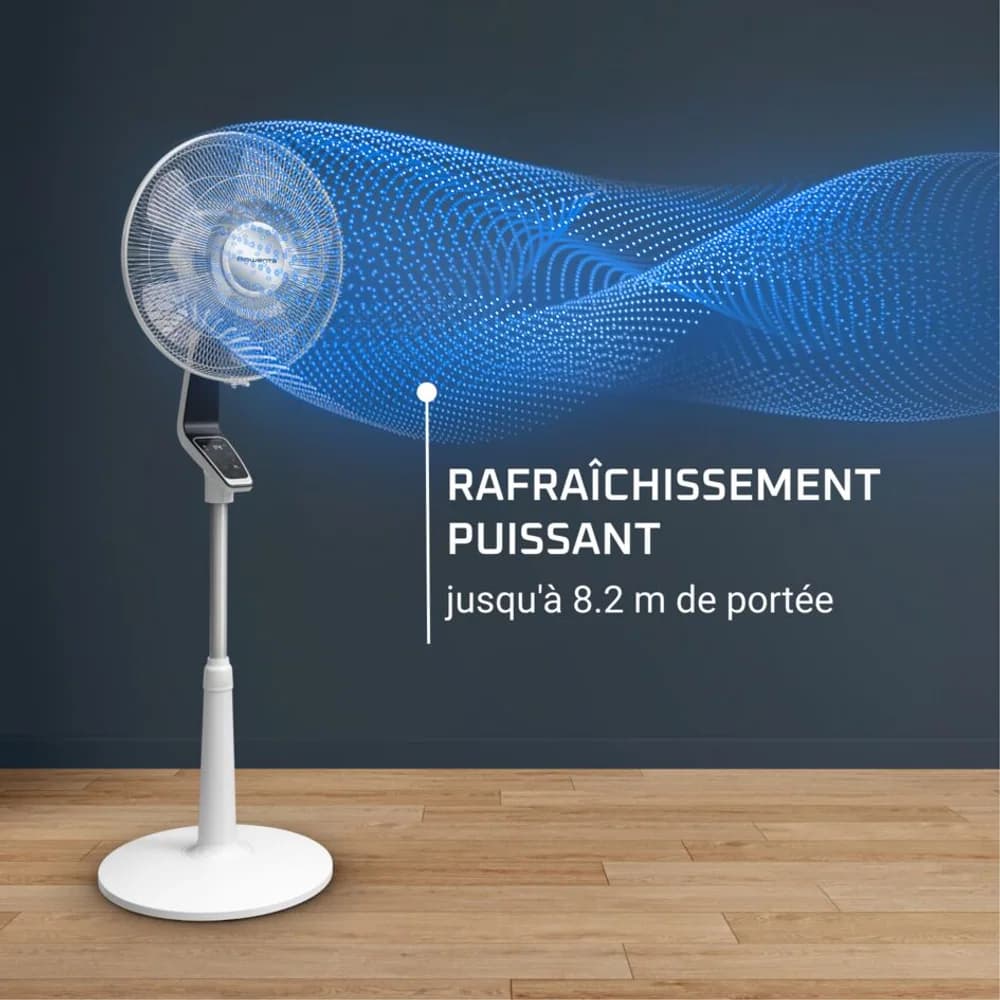 Ventilateur sur pied Rowenta Turbo Silence VU5690F0 illustrant le flux d'air puissant