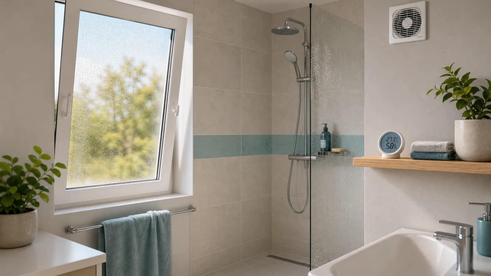 Salle de bain aérée après une douche tiède avec fenêtre entrouverte, extracteur mural et hygromètre pendant une forte chaleur