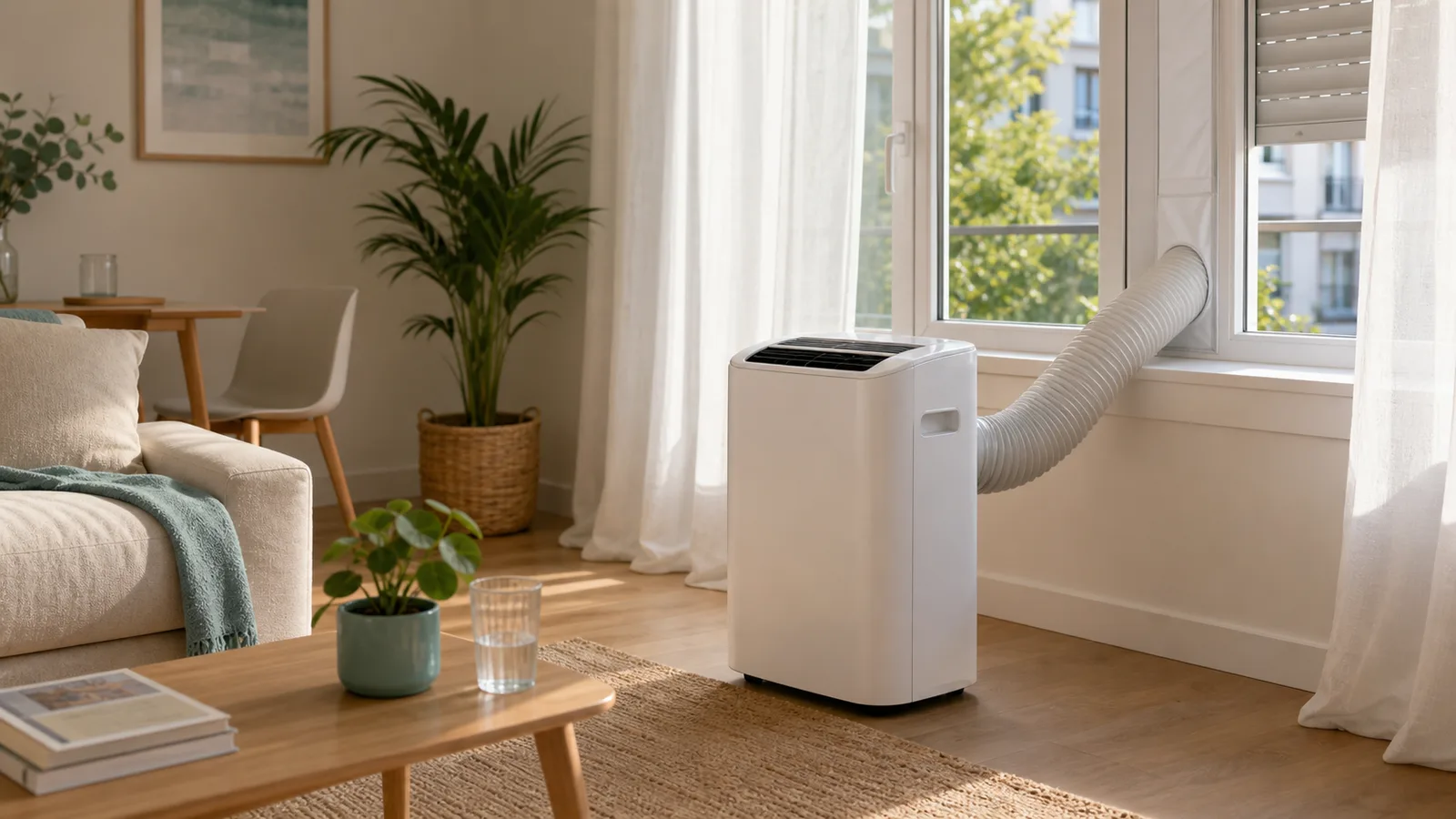 Climatiseur mobile blanc avec gaine d'évacuation installée dans une fenêtre de salon en été