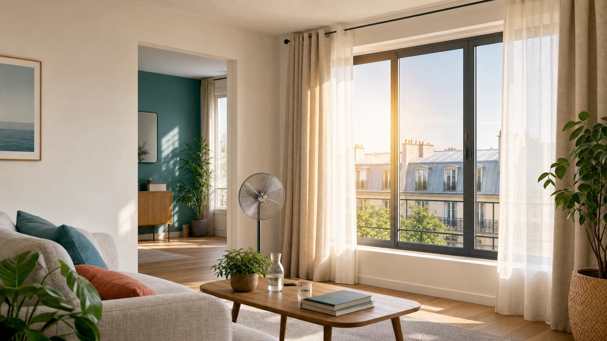 Salon lumineux avec fenêtre, rideaux thermiques et film anti-chaleur