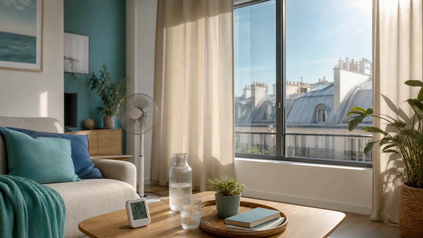 Salon lumineux avec fenêtre protégée pendant la canicule historique de juin 2026