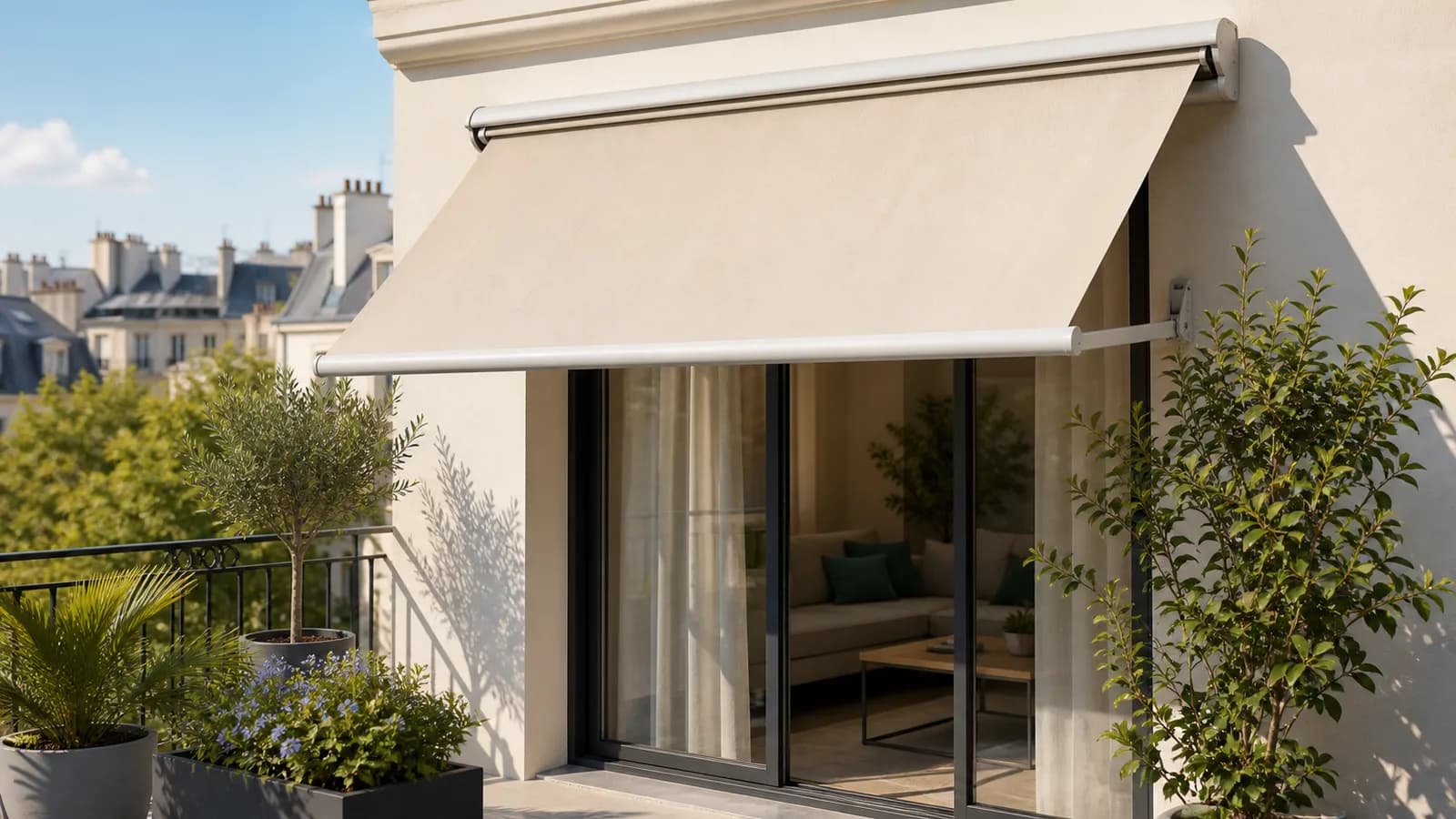 Store extérieur beige créant de l'ombre sur une terrasse devant une baie vitrée en été
