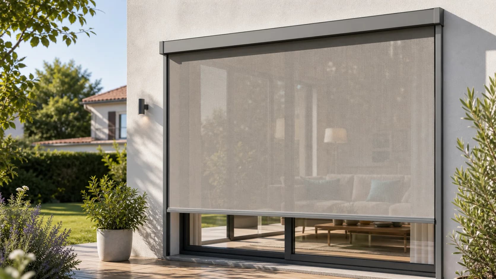 Store screen extérieur à toile microperforée devant une baie vitrée de maison en été