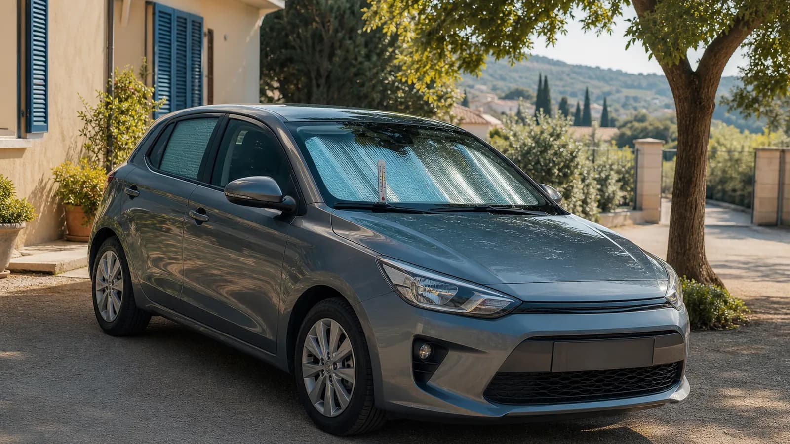 Voiture garée en été avec pare-soleil sur le pare-brise devant une maison pendant une forte chaleur
