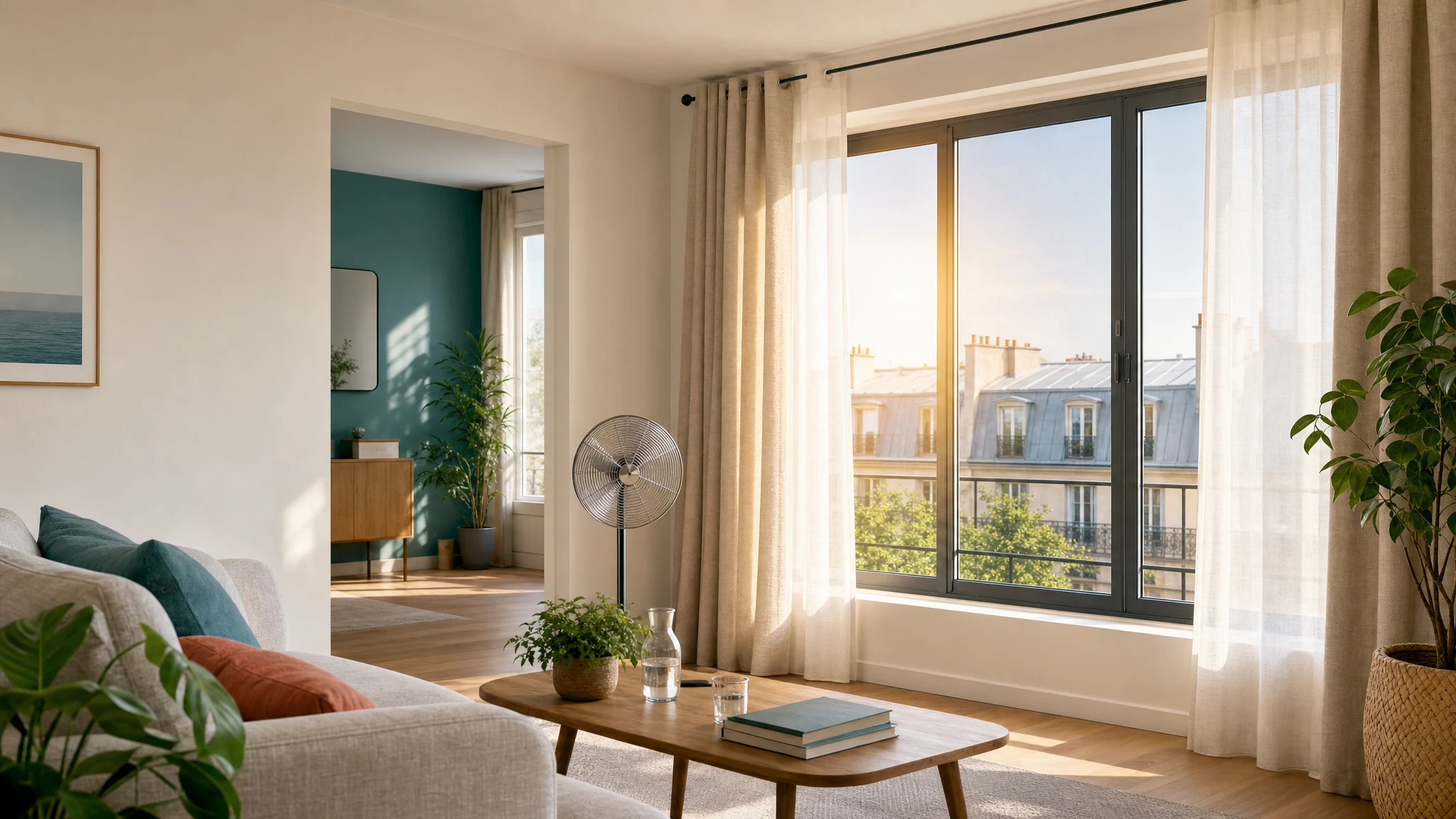 Salon protégé par rideaux et film anti-chaleur avant usage d'un climatiseur mobile